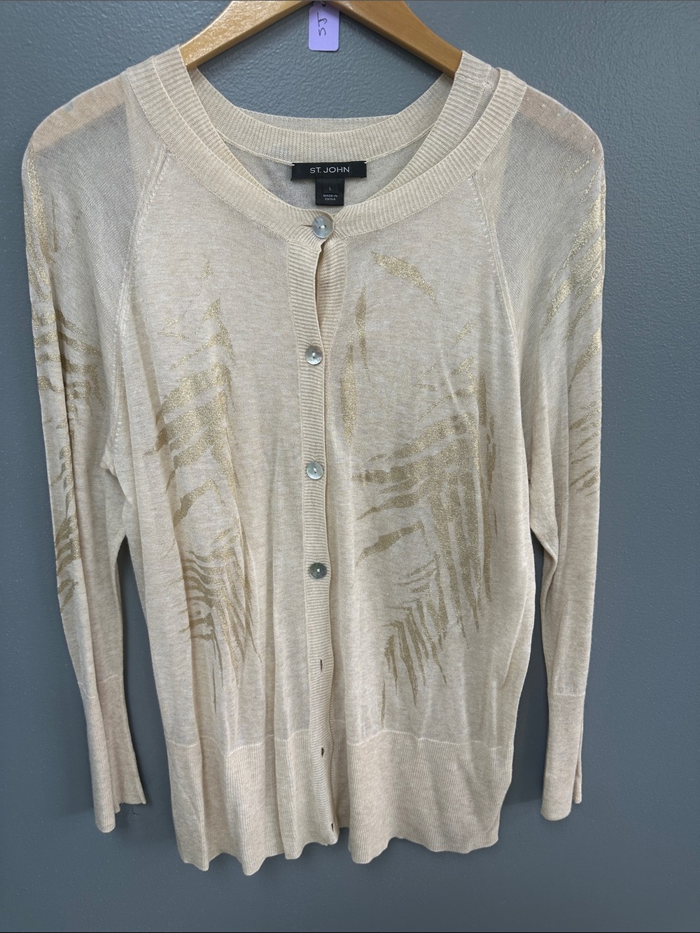 St. John Cream Cardigan with Gold Leaf Motif